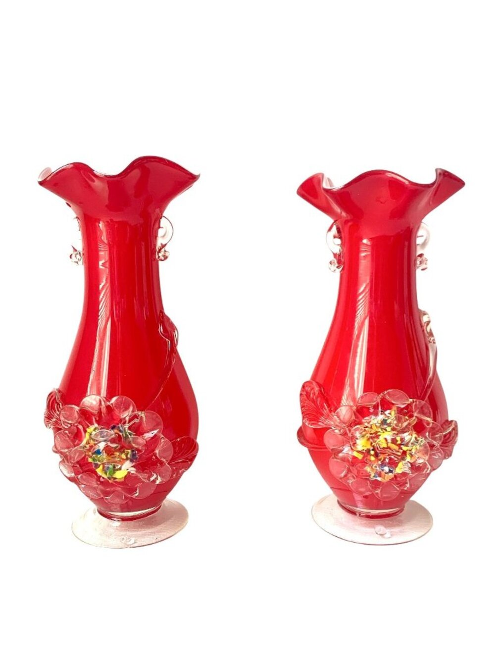 2 Art Glass Chinese Plum Blossom Vases Red Cased Vase Applied Confetti Flower